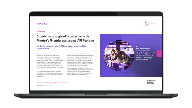 Image of laptop with cover slide of "Experience a single API connection with Finastra’s Financial Messaging API Platform" brochure