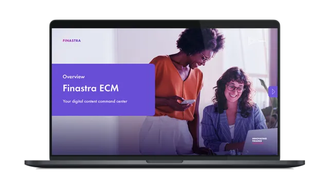 Image of laptop with cover slide of "Finastra ECM: Your digital content center" factsheet