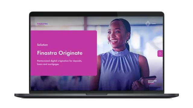 Image of laptop with cover slide for the "Finastra Originate - Digital origination for deposits, loans and mortgages" brochure