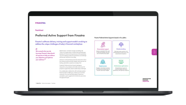 Image of laptop with cover slide for the "Finastra Preferred Active Support for Retail Lending" factsheet