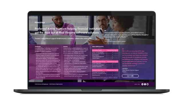Image of laptop with cover slide for the "Preferred Active Support (Retail Lending): Helping financial institutions get the most out of their Finastra software solutions" infographic