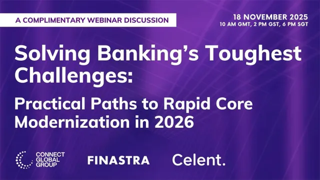 Cover slide for the "Solving banking’s toughest challenges: Practical paths to rapid core modernization in 2026" webinar