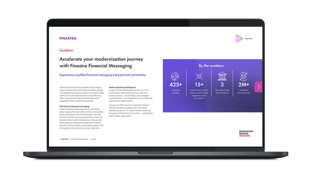 Image of laptop with cover slide for the "Accelerate your modernization journey with Finastra Financial Messaging" brochure