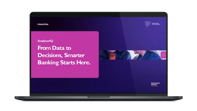 Image of laptop with cover slide of "AnalyzerIQ: From data to decisions, smarter banking starts here" brochure