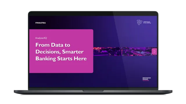 Image of laptop with cover slide of "AnalyzerIQ: From data to decisions, smarter banking starts here" brochure