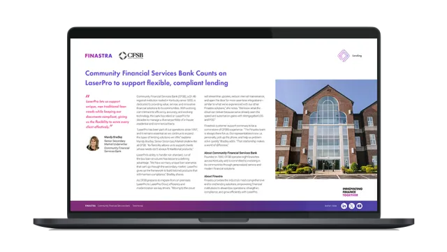 Image of laptop with cover slide for the "Community financial services bank counts on LaserPro to support flexible, compliant lending" infographic