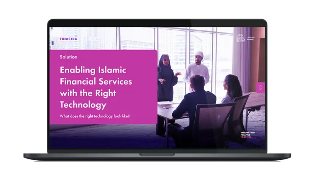 Image of laptop with cover slide for "Enabling Islamic financial services with the right technology" brochure