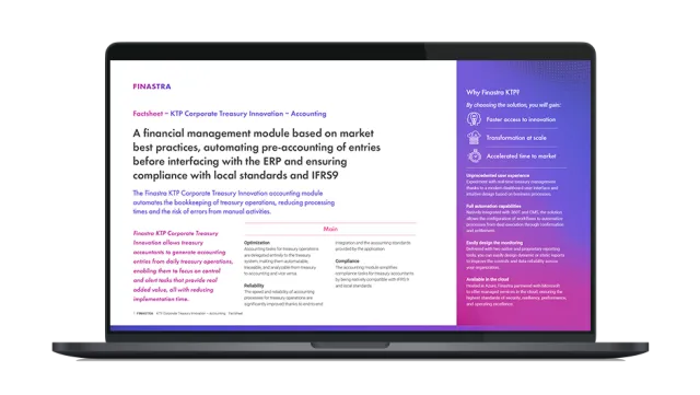 Image of laptop with cover slide of "Finastra KTP Corporate Treasury Innovation - Accounting" brochure