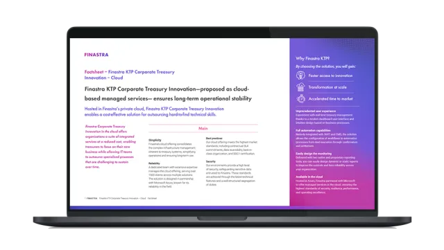 Image of laptop with cover slide of "Finastra KTP Corporate Treasury Innovation - Cloud Services" brochure