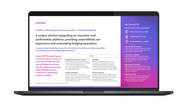 Image of laptop with cover slide of "Finastra KTP Corporate Treasury Innovation - Front-to-Back Dealing" brochure