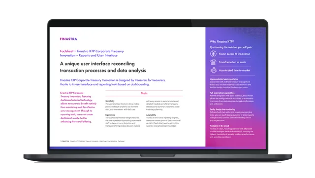 Image of laptop with cover slide of "Finastra KTP Corporate Treasury Innovation - Reports and User Interface" brochure