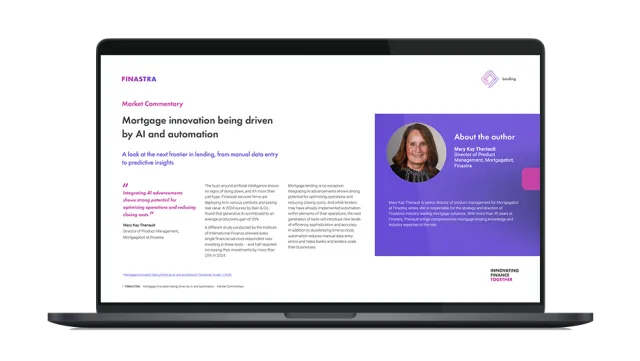 Image of laptop with cover slide of "Mortgage innovation being driven by AI and automation (Market Commentary)" brochure