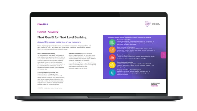 Image of laptop with cover slide of "Next Gen BI for next level banking" factsheet