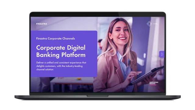 Image of laptop with cover slide of "A unified, modern digital experience for corporates" brochure