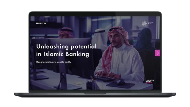 Image of laptop with cover slide for "Unleashing potential in Islamic banking" white paper
