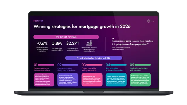 Image of laptop with cover slide of "Winning strategies for mortgage growth in 2026" infographic