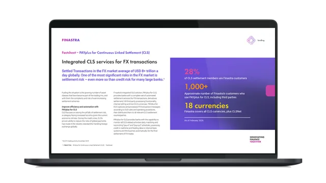 Image of laptop with cover slide of "Finastra PAYplus for CLS: Integrated CLS services for FX transactions" brochure