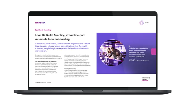 Image of laptop with cover slide for "Loan IQ Build for onboarding (Factsheet)" brochure