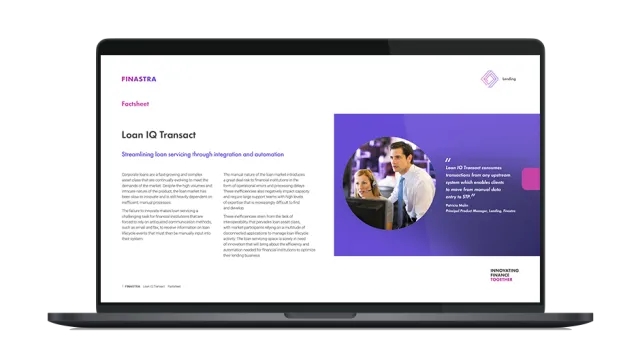 Image of laptop with cover slide for the Loan IQ Transact factsheet