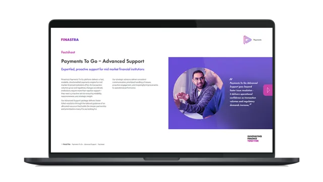Image of laptop with cover slide of "Payments To Go Advanced Support: Proactive expertise for high‑performance payment operations" brochure