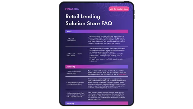 Image of tablet with cover slide of "Retail Lending Solution Store FAQ" infographic