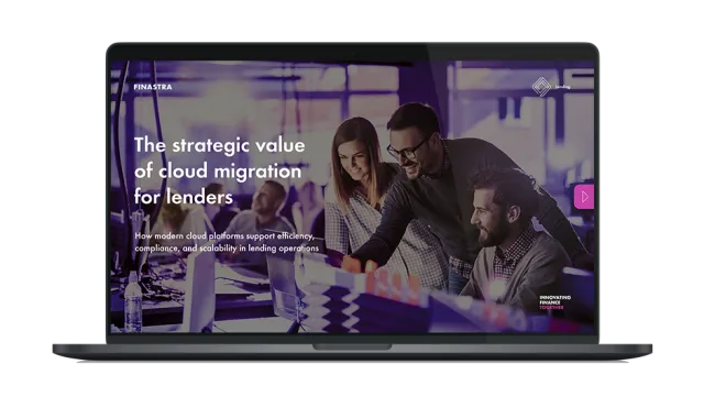 Image of laptop with cover slide of "The strategic value of cloud migration for lenders" white paper