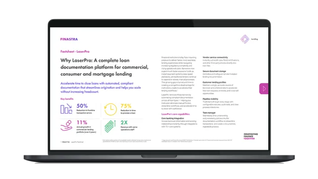 Image of laptop with cover slide of "Transform lending efficiency with LaserPro: compliance‑ready documentation for every Loan" factsheet