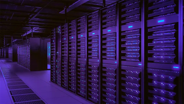 Data Technology Center Server Racks Working in Dark Facility. Internet of Things, Big Data Protection, Storage, Cryptocurrency Farm, Cloud Computing. 3D Render of Warehouse for Crypto Miners.