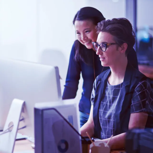 Professionals collaborating at a computer as part of premium technology support and risk reduction.