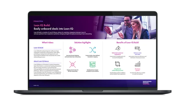 Image of laptop with cover slide of "Loan IQ Build: Simplifying loan onboarding" infographic