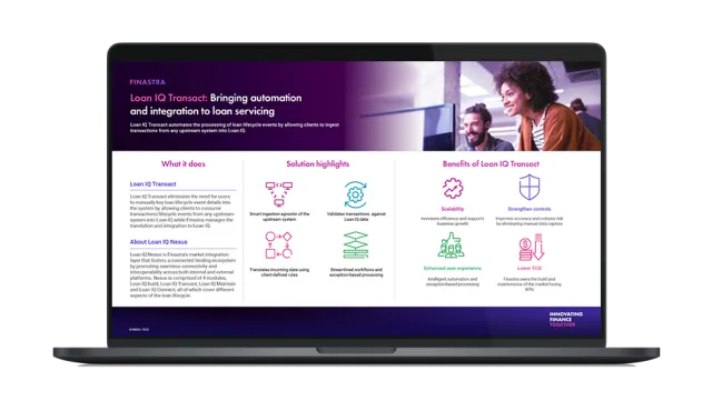 Image of laptop with cover slide of "Loan IQ Transact: Streamlining loan servicing through integration and automation" infographic