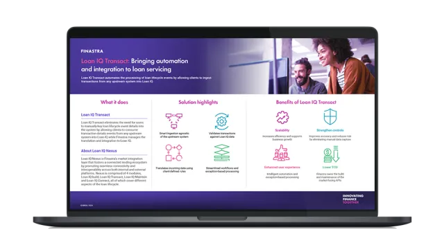 Image of laptop with cover slide of "Loan IQ Transact: Streamlining loan servicing through integration" infographic