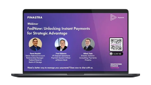 Image of laptop with cover slide of "FedNow: Unlocking instant payments for strategic advantage" webinar