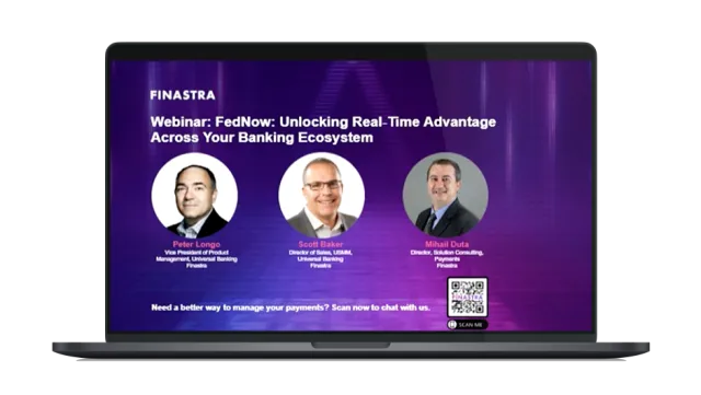 Image of laptop with cover slide of "FedNow: Unlocking real-time advantage across your banking ecosystem" webinar