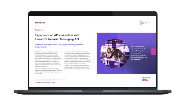 Image of laptop with cover slide of "Experience an API connection with Finastra’s Financial Messaging API" brochure