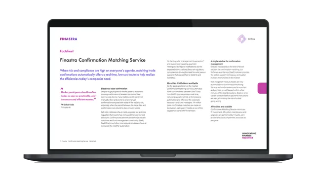 Image of laptop with cover slide for "Finastra Confirmation Matching Service" brochure