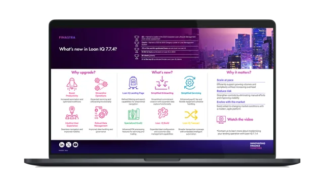 Image of laptop with cover slide for the "Loan IQ 7.7.4: Smarter Corporate Lending" infographic