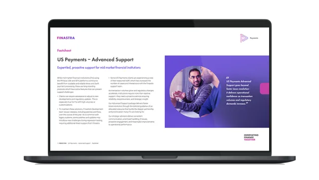 Image of laptop with cover slide of "US Payments Advanced Support: Proactive expertise for high‑performance US payment operations" brochure