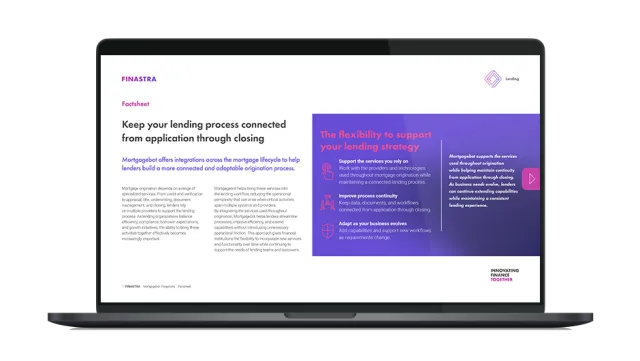 Image of laptop with cover slide for the "Keep your lending process connected with Mortgagebot integrations" factsheet