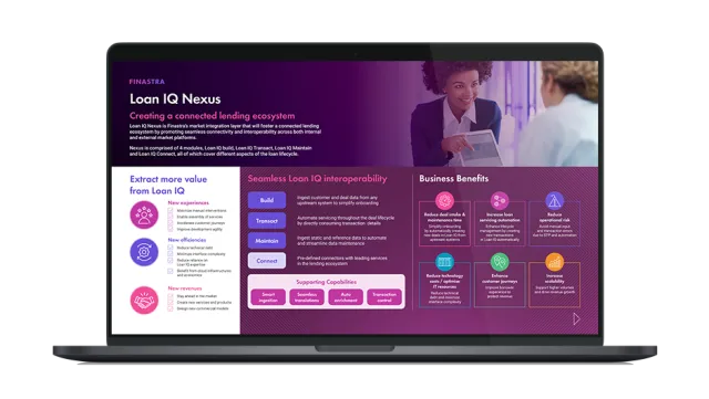 Image of laptop with cover slide for the "Loan IQ Nexus: Bringing interoperability to the loan market" infographic