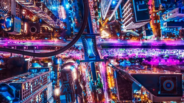 Illuminated skyscrapers and data pathways symbolizing global trade finance networks