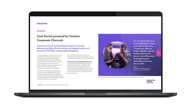 Image of laptop with cover slide for "Cash Portal powered by Finastra Corporate Channels" brochure