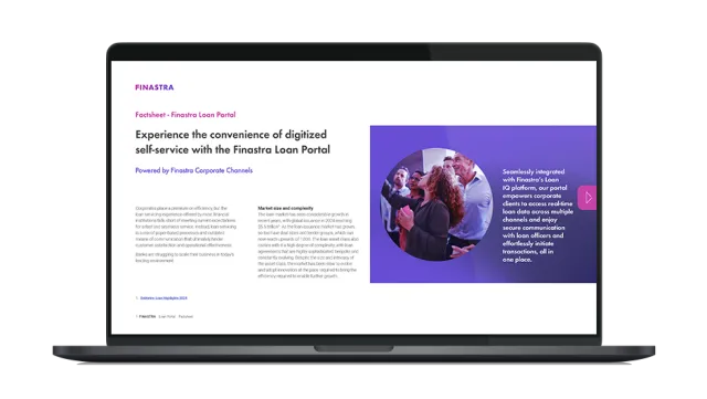 Image of laptop with cover slide of "Finastra Loan Portal" brochure