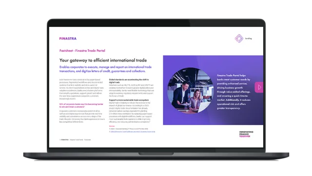 Image of laptop with cover slide of "Trade Portal powered by Finastra Corporate Channels" factsheet