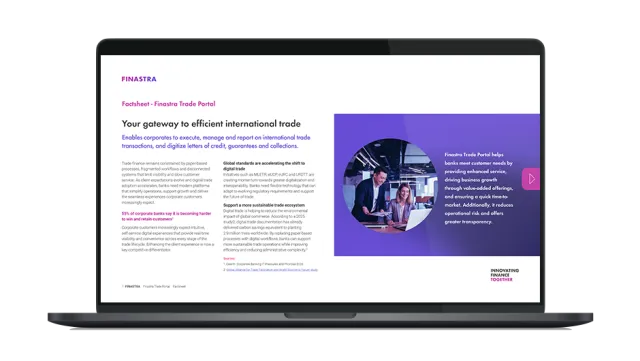 Image of laptop with cover slide of "Trade Portal powered by Finastra Corporate Channels" factsheet