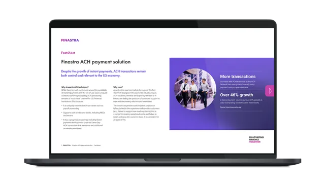 Image of laptop with cover slide for the "ACH payments in the US continue to grow: How will mid-market organizations respond?" factsheet