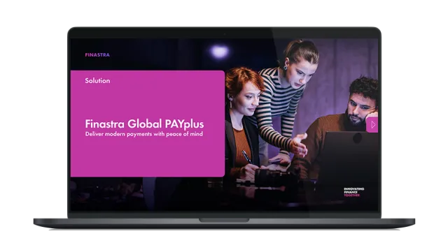 Image of laptop with cover slide for "Finastra Global PAYplus" solution overview
