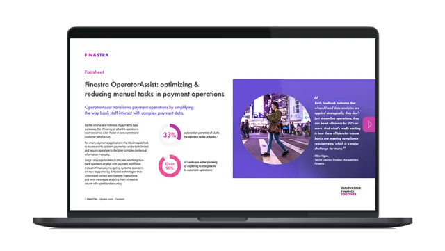 Image of laptop with cover slide of "Finastra OperatorAssist - Unlocking end‑to‑end efficiency and enhancing customer outcomes" brochure