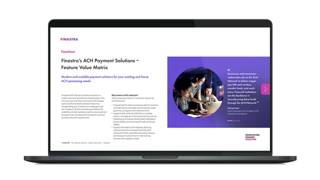 Image of laptop with cover slide of "Finastra’s ACH Payment Solutions – Feature Value Matrix (Factsheet)" brochure