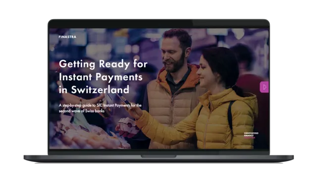 Image of laptop with cover slide of "Getting Ready for Instant Payments in Switzerland" ebook